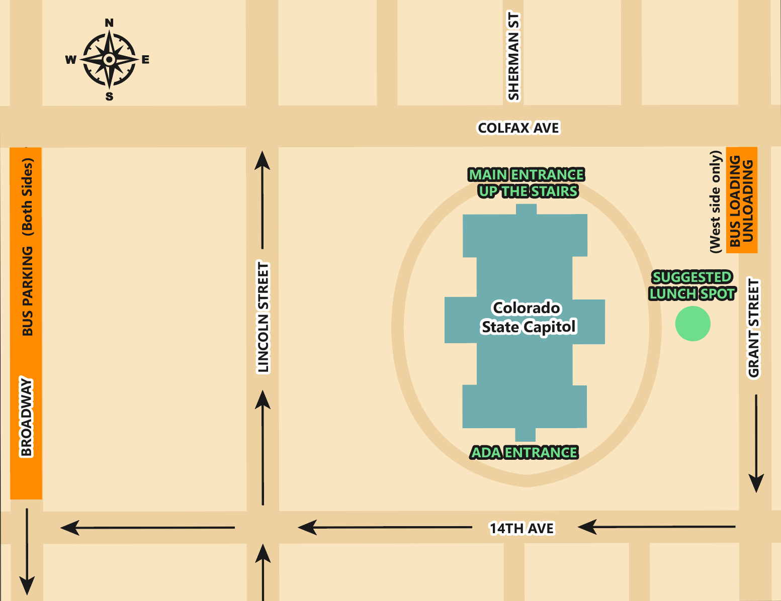 Map depicting entrances to the Capitol. The southern ADA entrance is on the ground floor, accessed from 14th Ave and Sherman St. The northern entrance is on the first floor, accessed from Colfax Ave. and Sherman St.