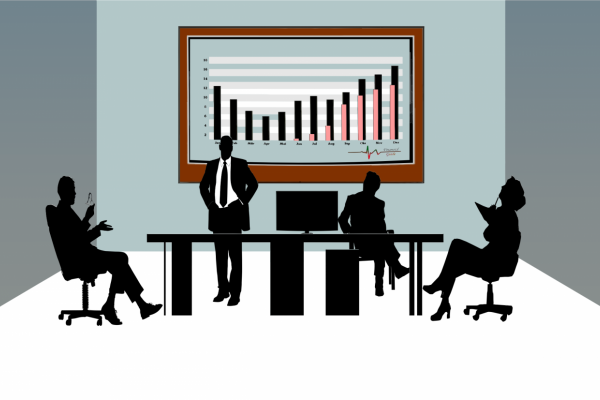 Black silhouettes of office workers with a bar chart picture on the back wall