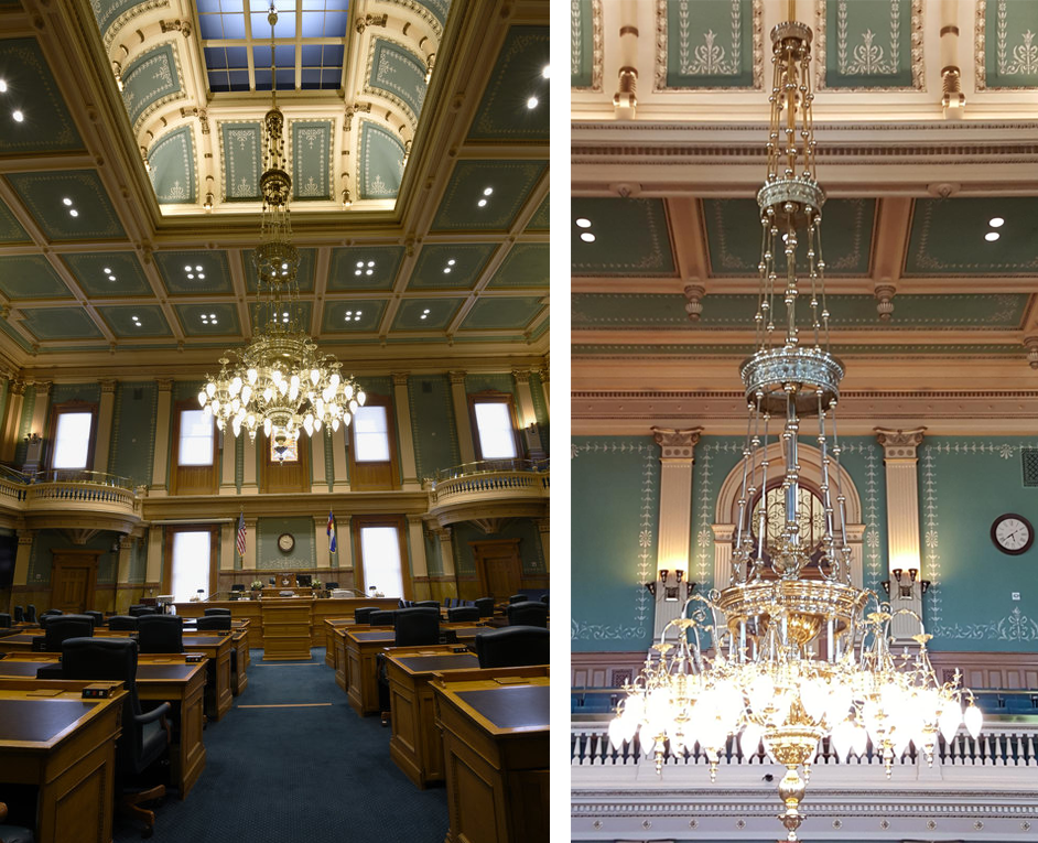 Details of the ornate central chandelier hanging from the House chamber skylight