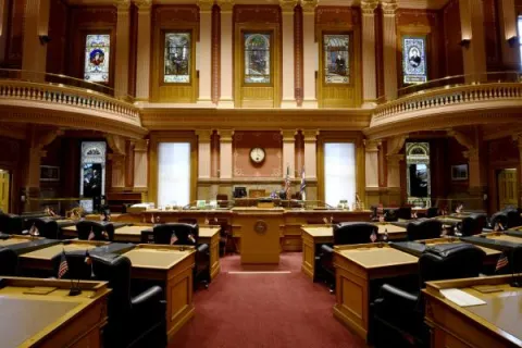 Senate chamber facing podium down the isle