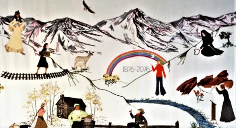 An image of the Woman's Gold Tapestry hanging in the Colorado State Capitol